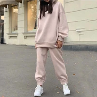 ladies solid color hooded sweaterwide leg trousers two piece set winter office commuter plus cashmere casual sports suit
