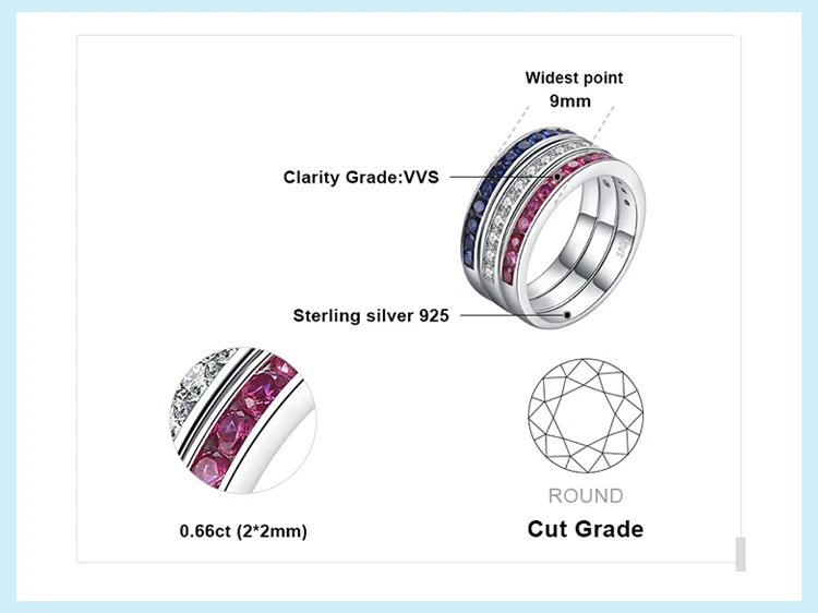 Jewelrypalace три стека 1.8ct круглый создан Рубин Сапфир Кубического циркония группа Вечность Кольца 925 стерлингового серебра для Для женщин