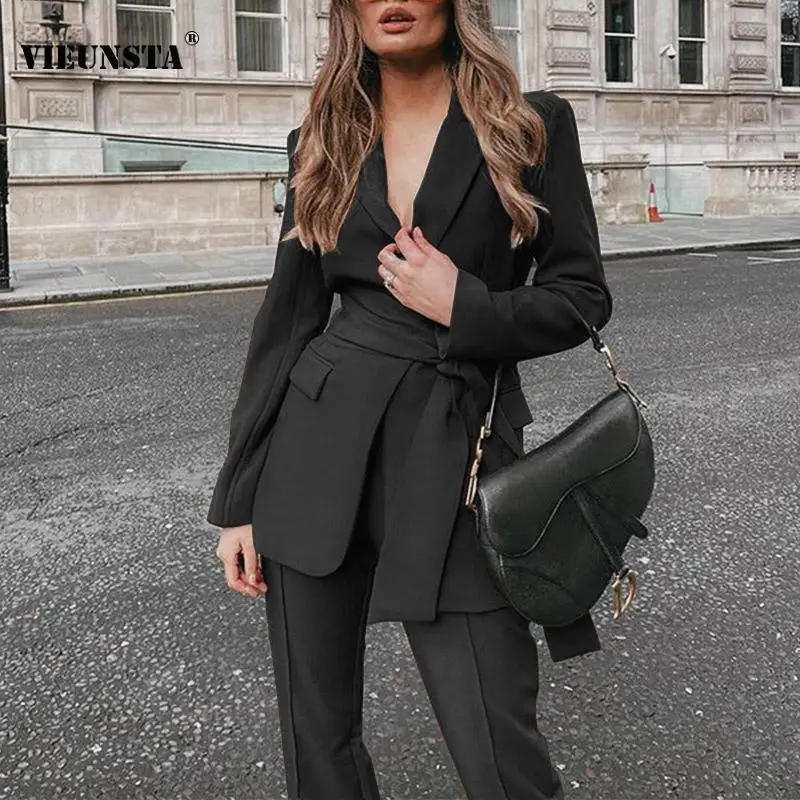 

Elegant Office Lady Two Piece Outfits Women Autumn Turn-down Collar Blazer + Long Pants Suit Winter Solid Streetwear Vintage Set