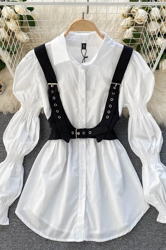 

SuperAen 2021 Fashion White Puff Sleeve Turn Down Collar Shirt Tooling Two Piece Suit Women Tops