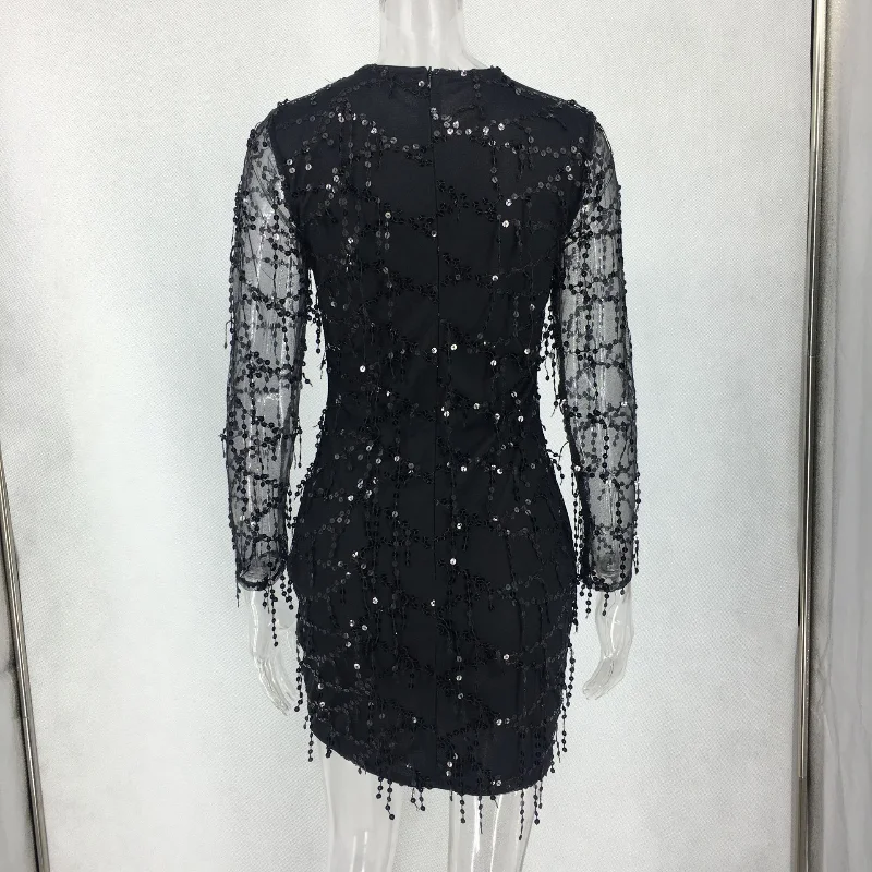

2021 Spring And Summer Selling The European And American Wind Round Collar Sequins Package Buttocks Long-sleeved Dress