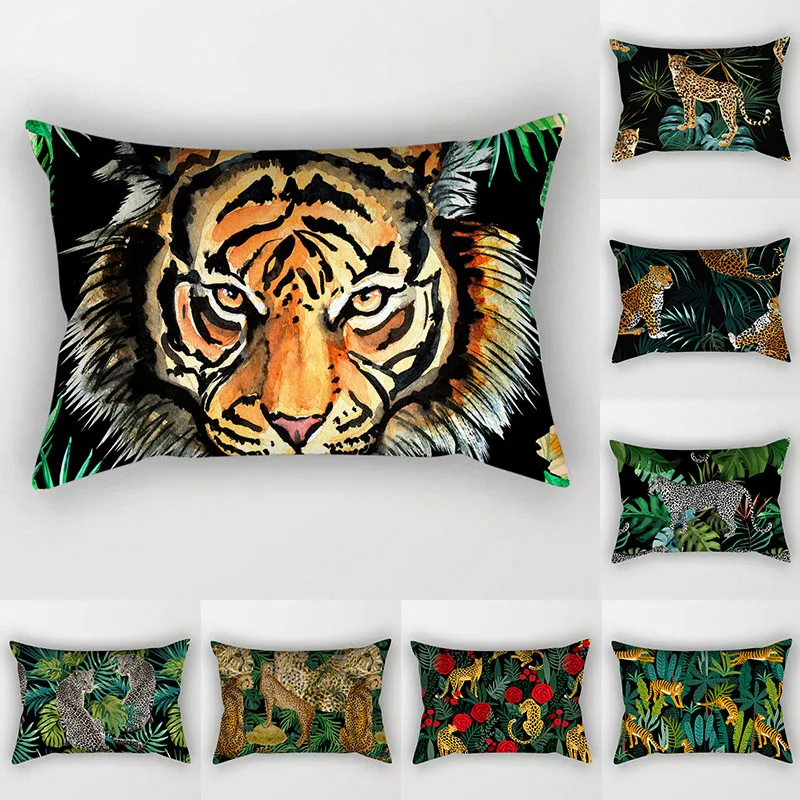 

Jungle Tiger Leopard Cushion Cover 30x50 Tropical Plant Pillowcover Decorative Sofa Cushions Throw Pillows Polyester Pillowcase