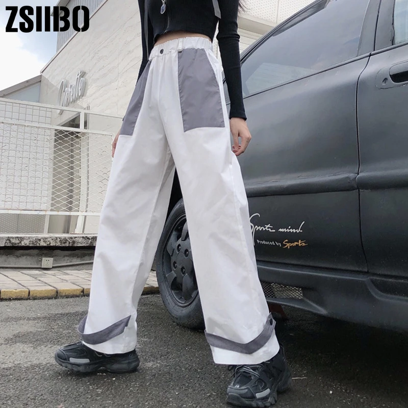 

Vintage Paid Patchwork Pants Harajuku Woman Trousers Elastics High Waist Pants Causal Straight pantalone jogger trousers size