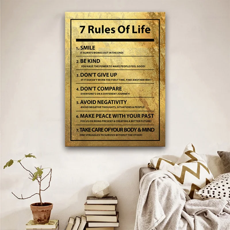 

Gold Quote Wall Poster 7 Rules of Life Canvas Prints On Wall Motivation Letters Pictures for Home Design Frameless Wall Art