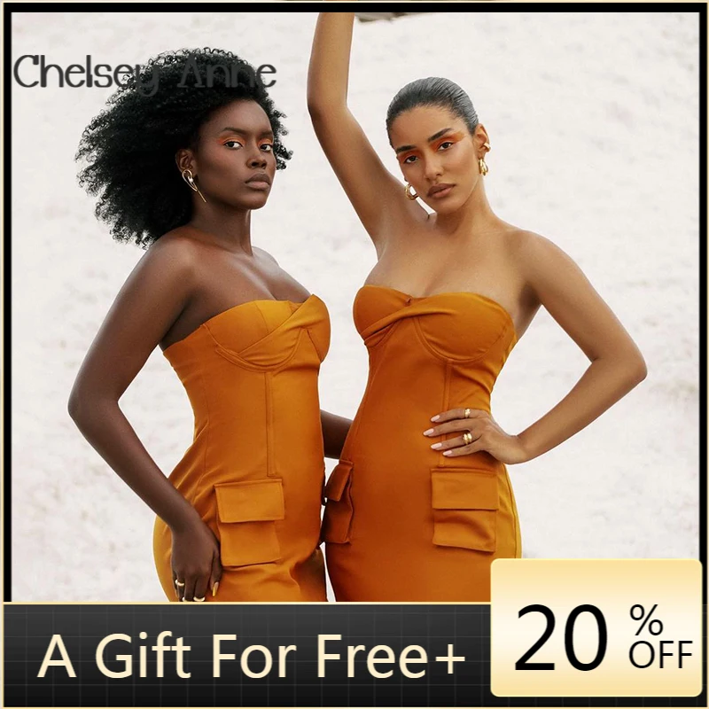 

Tube-Top Dress Strapless Summer Solid Color Backless Low-Cut Pocket Wrinkle Elastic Tight-Fitting One-Piece Long Jumper Skirt