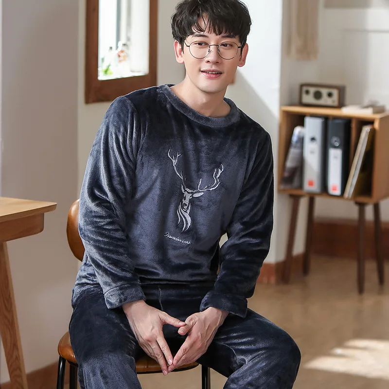 Men's Pajamas Winter New Long-sleeved Plus Velvet Thickened Flannel Home Service Suit Thick Pajamas for Men Homewear Sleepwear