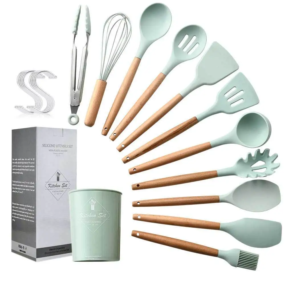 

11-piece silicone kitchen utensils set with wooden handle storage barrels 11-piece silicone kitchen utensils set in nine colors