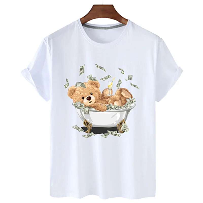 

Bathtub Money Bear Print Tshirt Women Summer Short Sleeved T Shirt Woman Fashion Casual T-shirt Unisex Top Tees Female Clothing