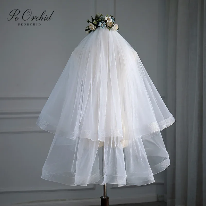 PEORCHID белый/Шампанское Короткие Свадебные вуали 2 слоя мягкого фатина Для женщин