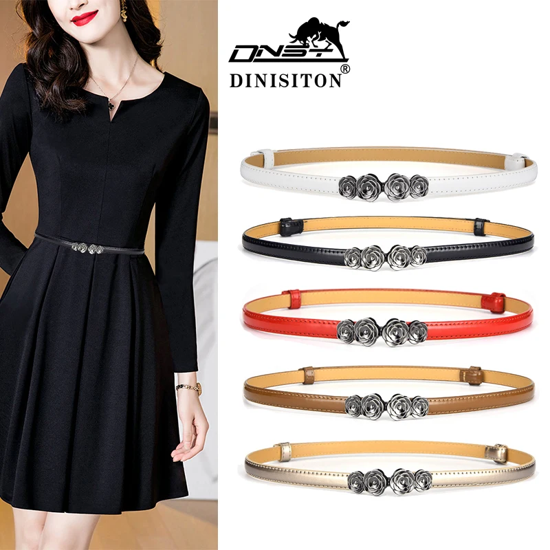 DINISTON Womens Fashion Double Section Belts High Quality luxury Windbreaker Dress Waistband New Casual Jeans Leather Thin Belt
