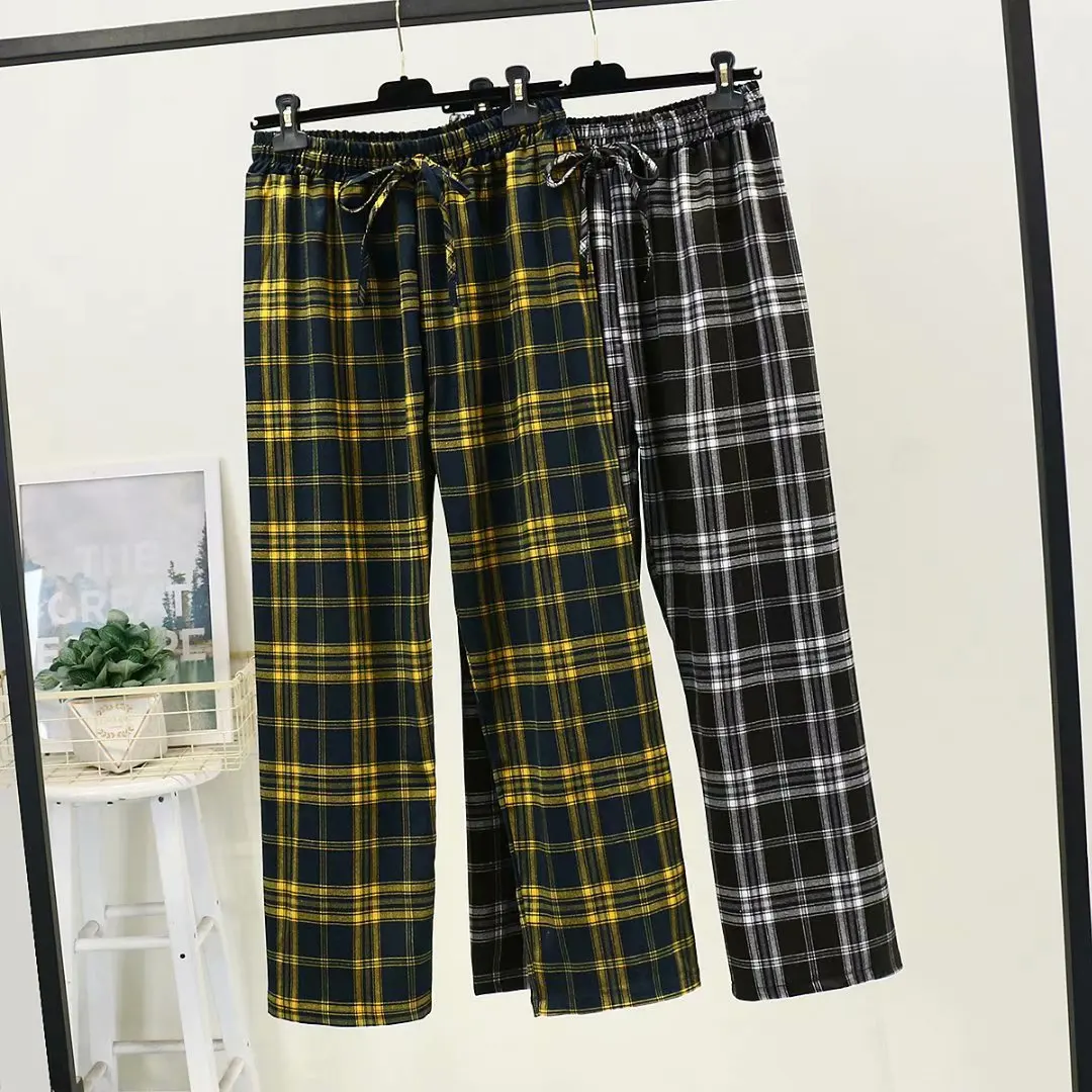 Клетчатые женские прямые брюки размера плюс повседневные с высокой талией весна