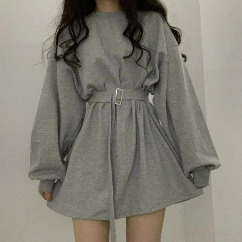 

Long Sleeve Dress Women Sashes Solid Casual Chic Hip-hop Mini Dresses Womens Korean Style Trendy Loose Streetwear Korean Style