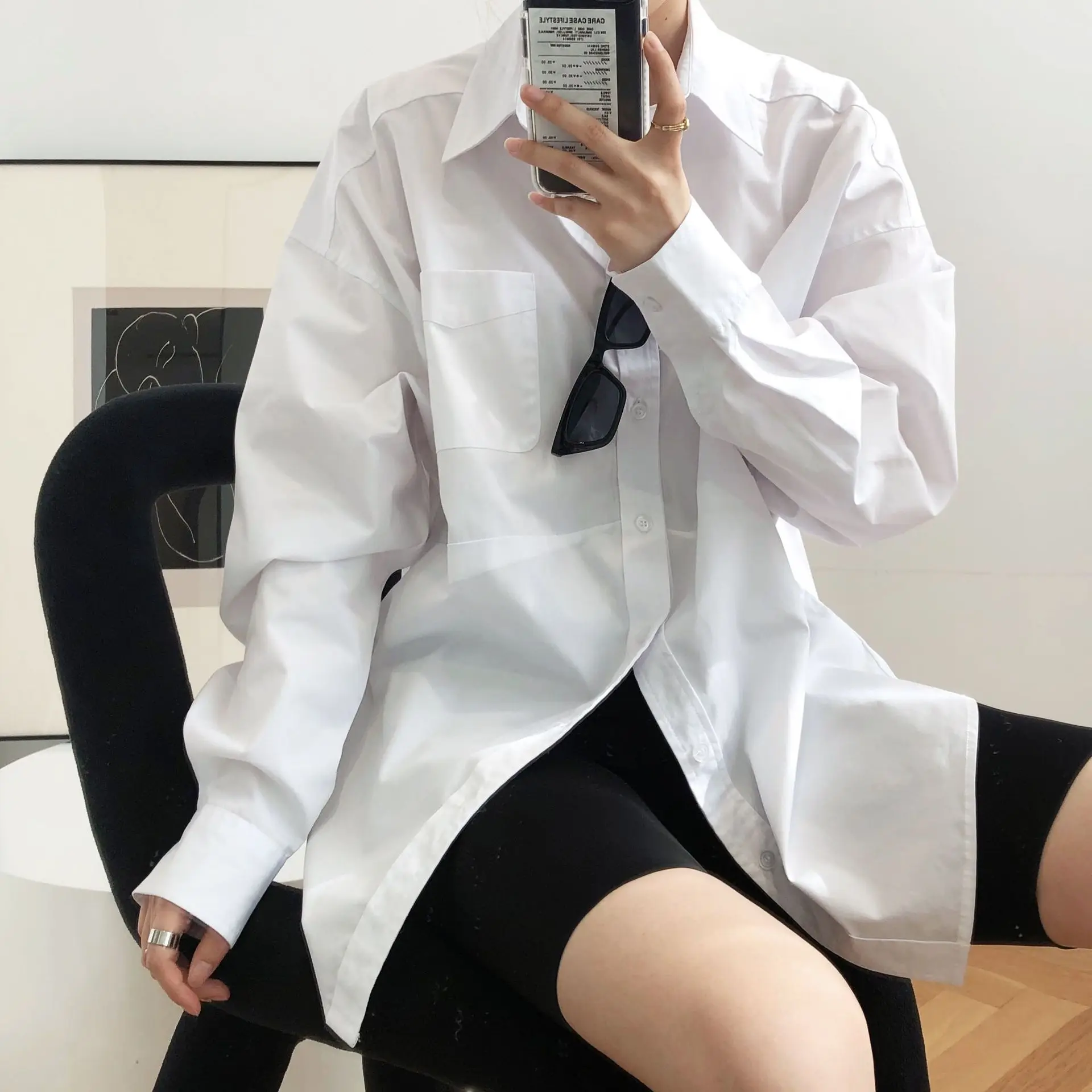 

TVVOVVIN Spring New Fashion Solid Color Loose Lapel Shirt Long Sleeve Simple Female Mid-length Casual Blouse DAVL
