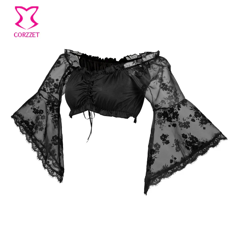 2020 Sexy Ladies Summer Lace Slim Crop Tops Flare Long Sleeve T-Shirt Casual Punk Organza Floral Wrapped Chest Short | Женская одежда