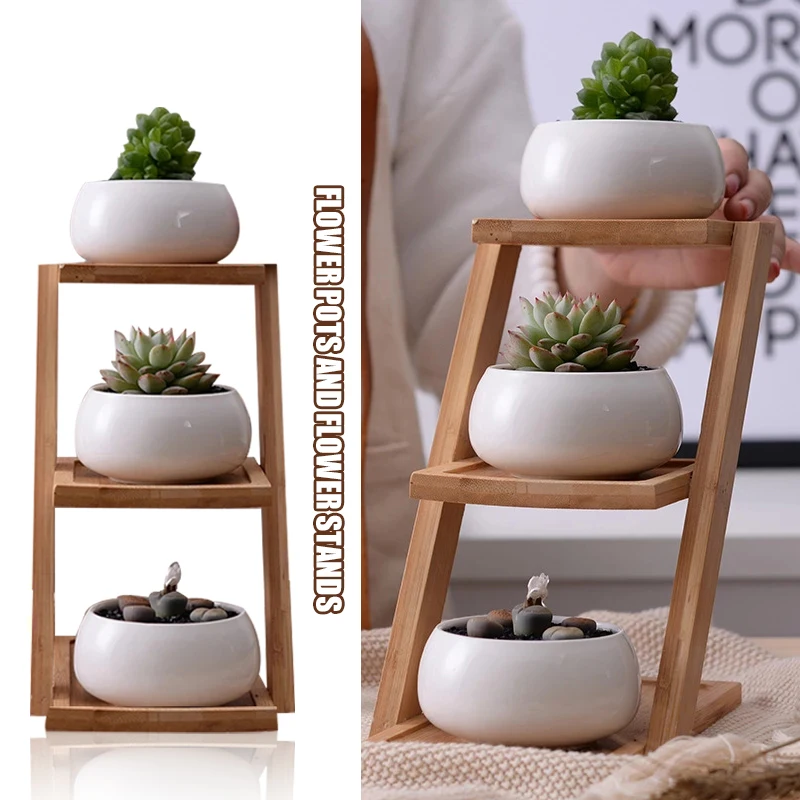 

Minimalist White Ceramic Flowerpot Succulent Plant Pot 3 Bonsai Planters With 3-tier Bamboo Shelf Modern Home Garden Decor