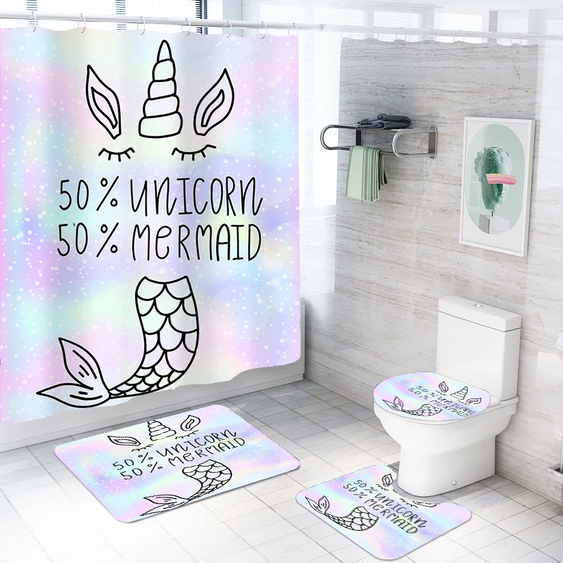 3D Pretty Unicorn Printed Mermaid Waterproof Bath Curtain and Non-Slip Mat Set 4 Piece Home Hotel Bathroom Polyester | Дом и сад