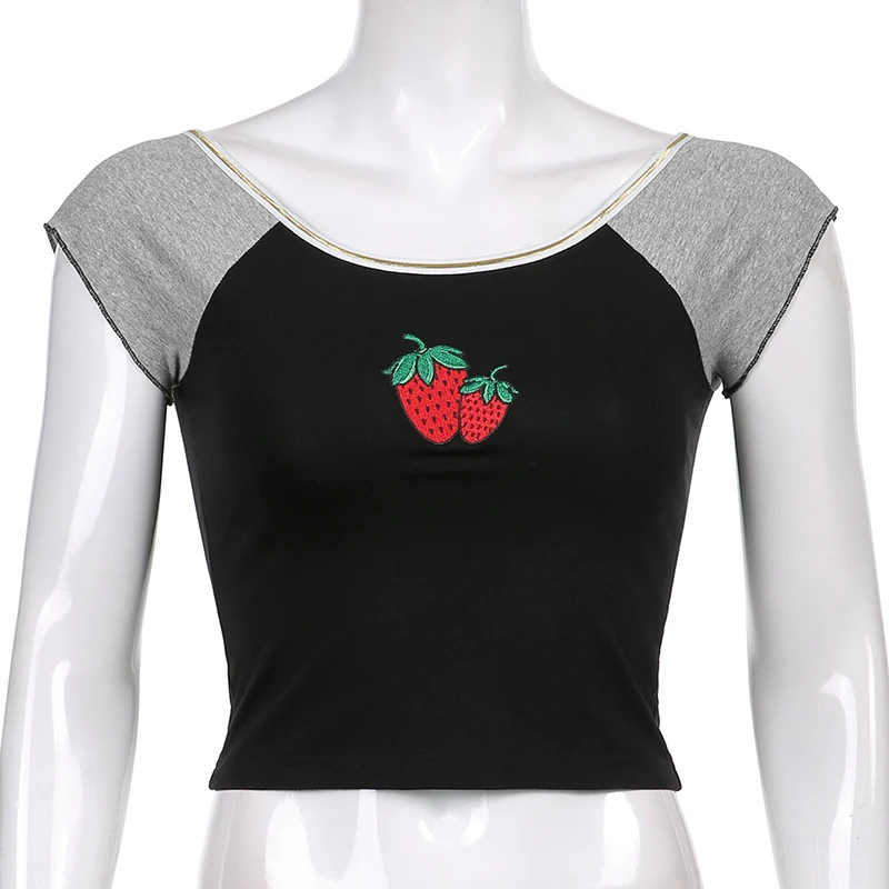 

Embroidery Black Short Sleeve Summer T-shirt Women Cute Basic Crop Top T Shirt 90S Vintage Harajuku Tshirt Casual 2021 Waatfaak