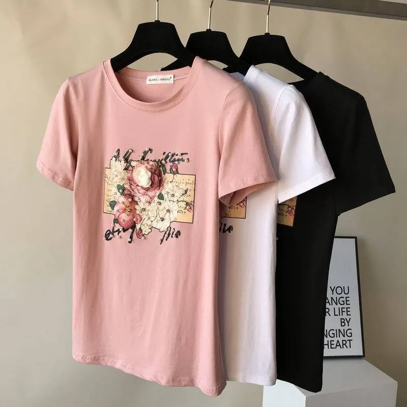 

Women Cotton Tshirts Pearl Appliques 3D Beading Female Tee Tops Floral Print Short Sleeve O Neck 2021 Summer Casual Elegant Cozy