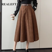 realeft 2021 new autumn winter elegant womens skirts with belted solid female high waist office lady long umbrella skirt pocket