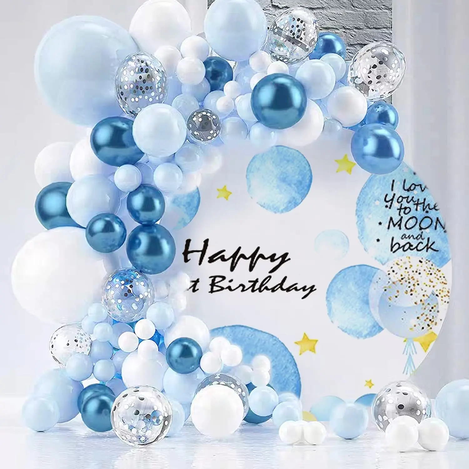 

122Pcs Metallic Blue White and Silver Confetti Balloon Garland Kit Macaron for Birthday Baby Shower Wedding Party Decoration