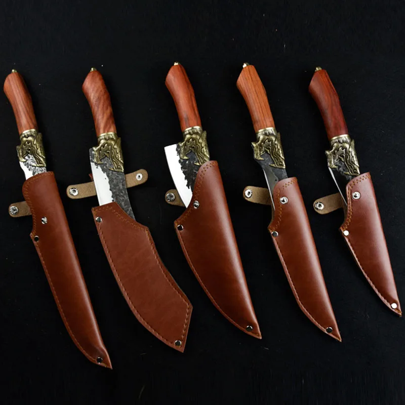 Longquan-cuchillo de acero forjado hecho a mano, Juego de cuchillos de cocina de cobre, decoraci&oacute;n de drag&oacute;n-0