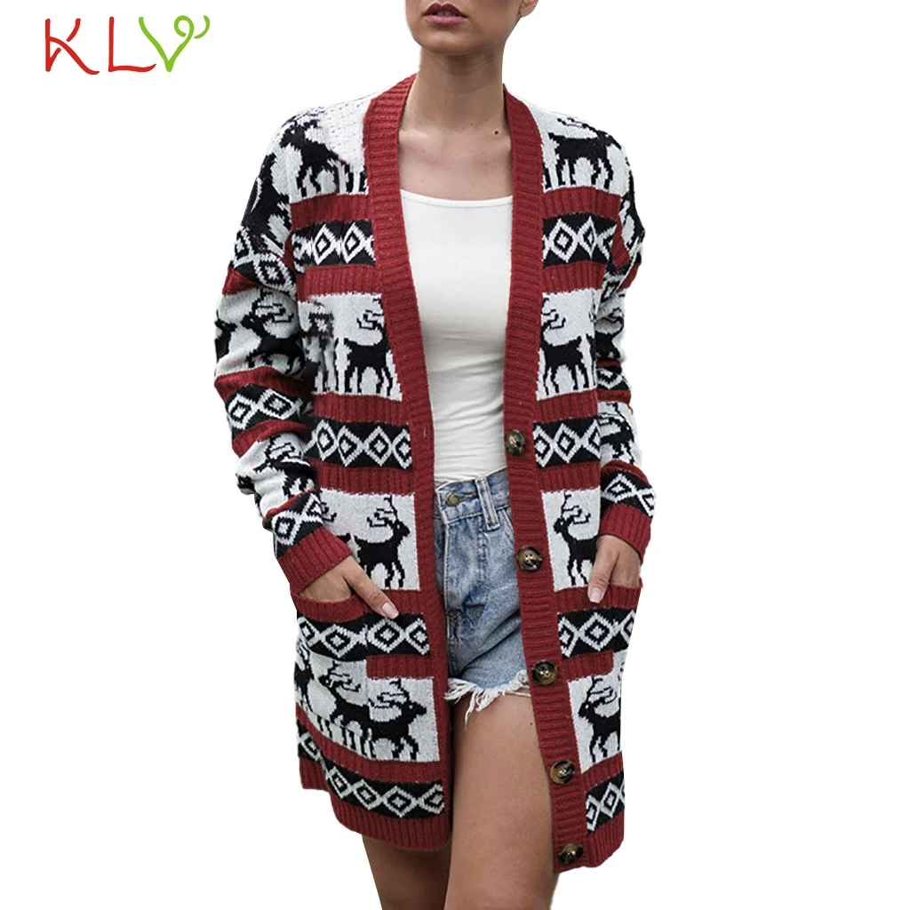 Рождественская Женская куртка с принтом оленя вязаный свитер длинный кардиган