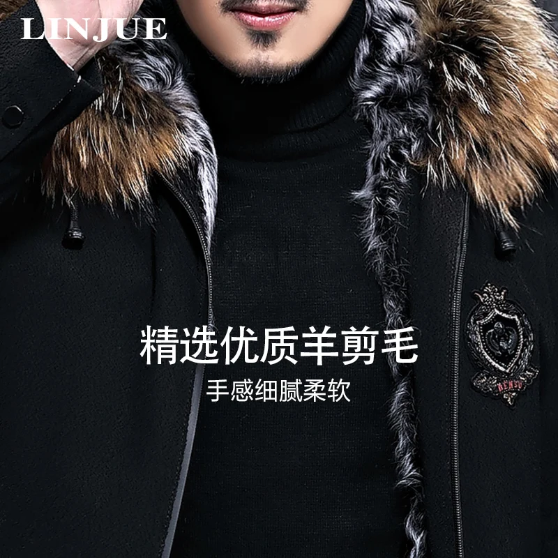 

Jacket Winter Men Natural Wool Fur Coat Clothes Real Raccoon Fur Collar Warm Parka Men Short Overcoat LJ18F027 MY784