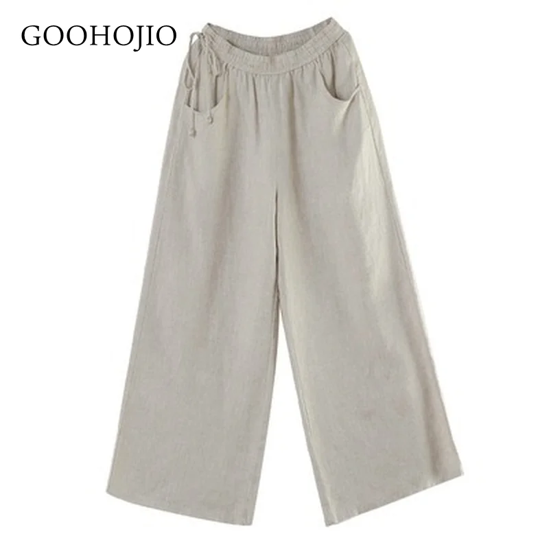 

GOOHOJIO 2021 Spring Autumn New Casual Chic Pant women High Waist Trouser for Ladies Straight Loose Flax women Wide Leg Pants