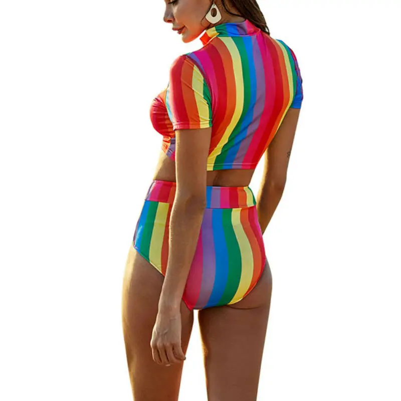 

Womens Rainbow Stripe Swimsuit Set Swimming Costume Tummy Bathing Slimming