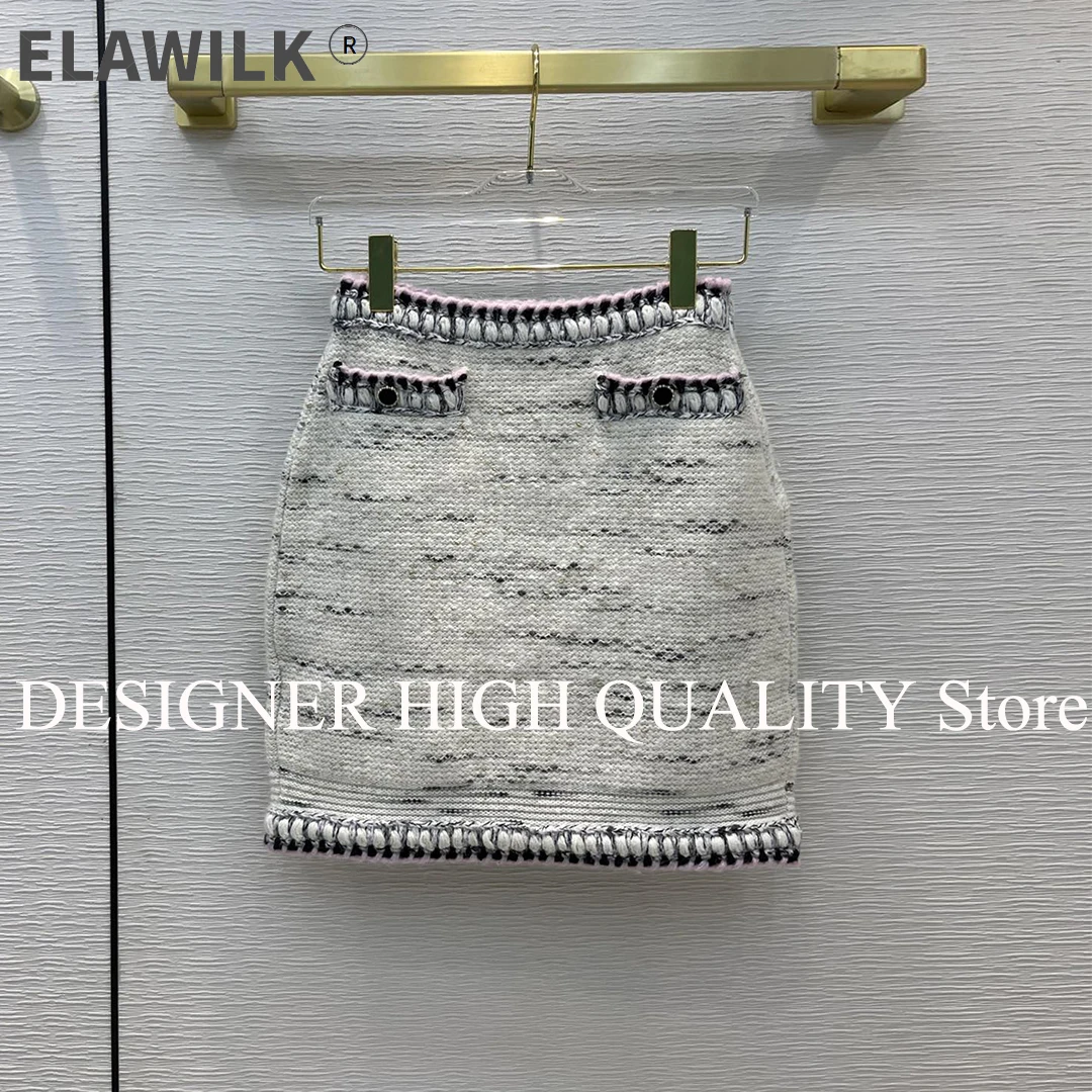 

2021 New Autumn Winter Cashmere Wool Blends Knitted Skirts Womens Runway Design Buttons Pockets Lurex Sweet Pencil Mini Skirt