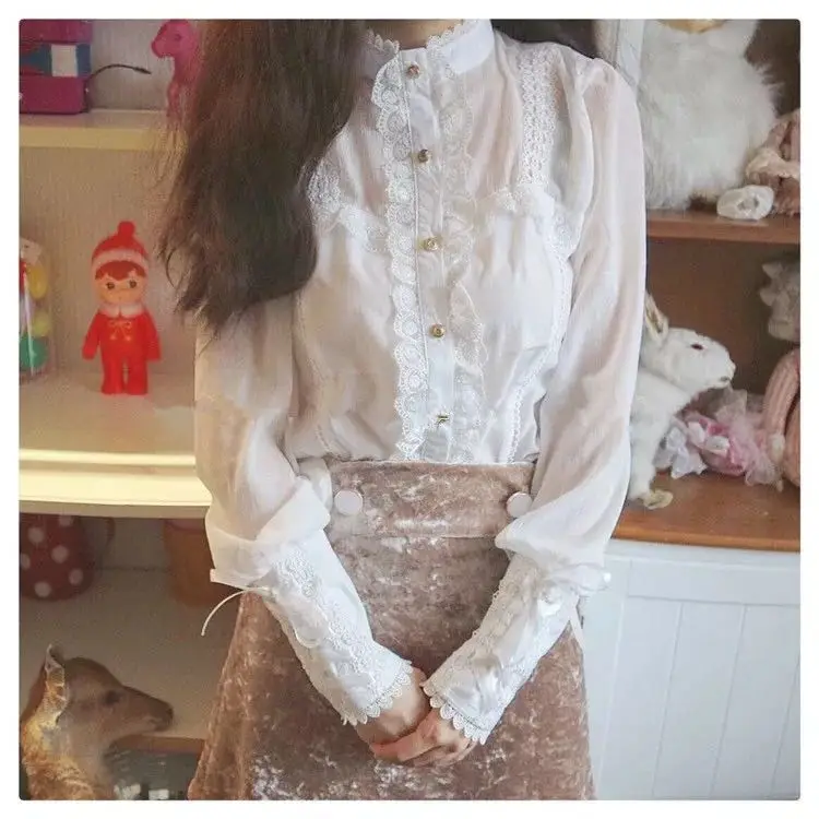 

Women's Vintage Lolita Lace Trim Blouse Delicated Cute Tie Sleeve Summer Long Sleeve Shirt Tops Color White