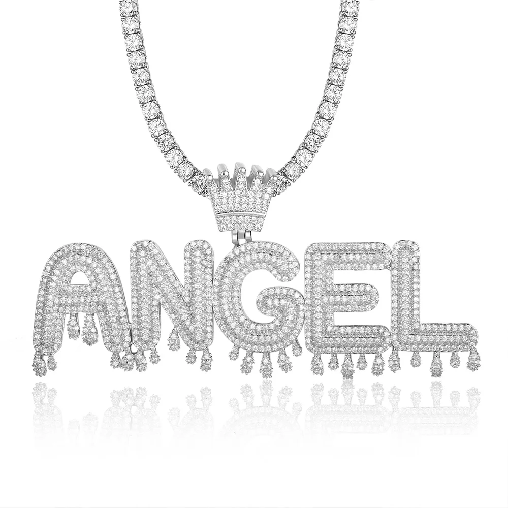 

Luxury Custom Name Royal Crown Letter Angel Necklace 100% Micro Pave CZ Hip Hop Iced Out Tennis Chain Jewelry Dropshipping