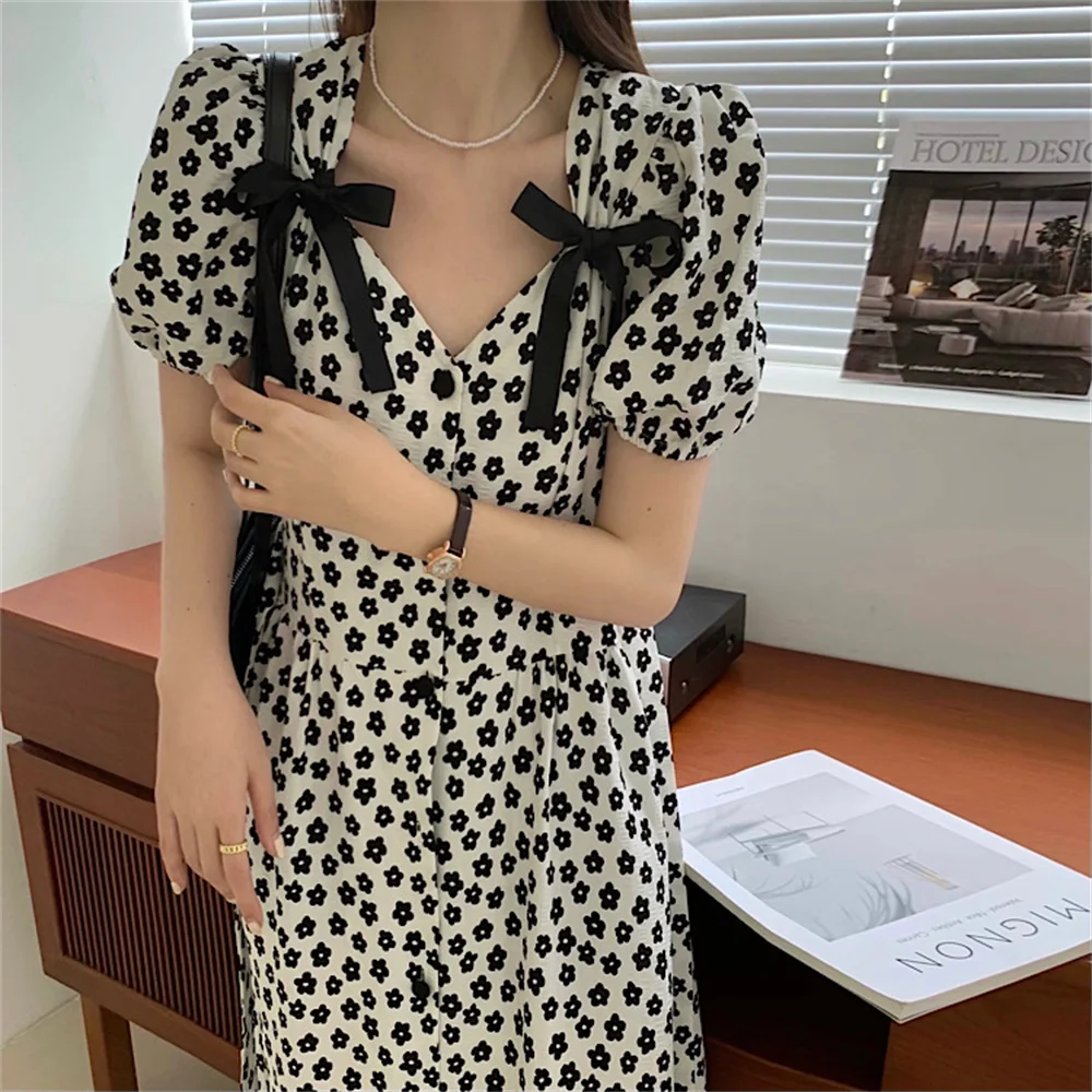 

Alien Kitty 2021 Slim Floral V-Neck Bow Chiffon Hot Stylish Vintage Elegance Chic Summer Loose Casual Prom Long Dresses Vestidos