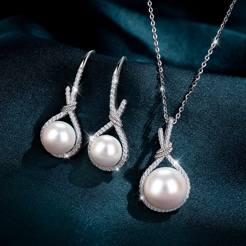 

2021 Inlaid Women's 925 Sterling Silver Geometric Necklace Earring Set Fashion Freshwater Natural Pearl Necklace Luxury Jewelry