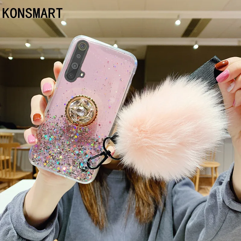 

KONSMART For OPPO Realme X50 Case Clear Glitter Star Luxury Soft Cover Realme 6 Pro XT Stand Holder With Hairball Strap OPPO K5
