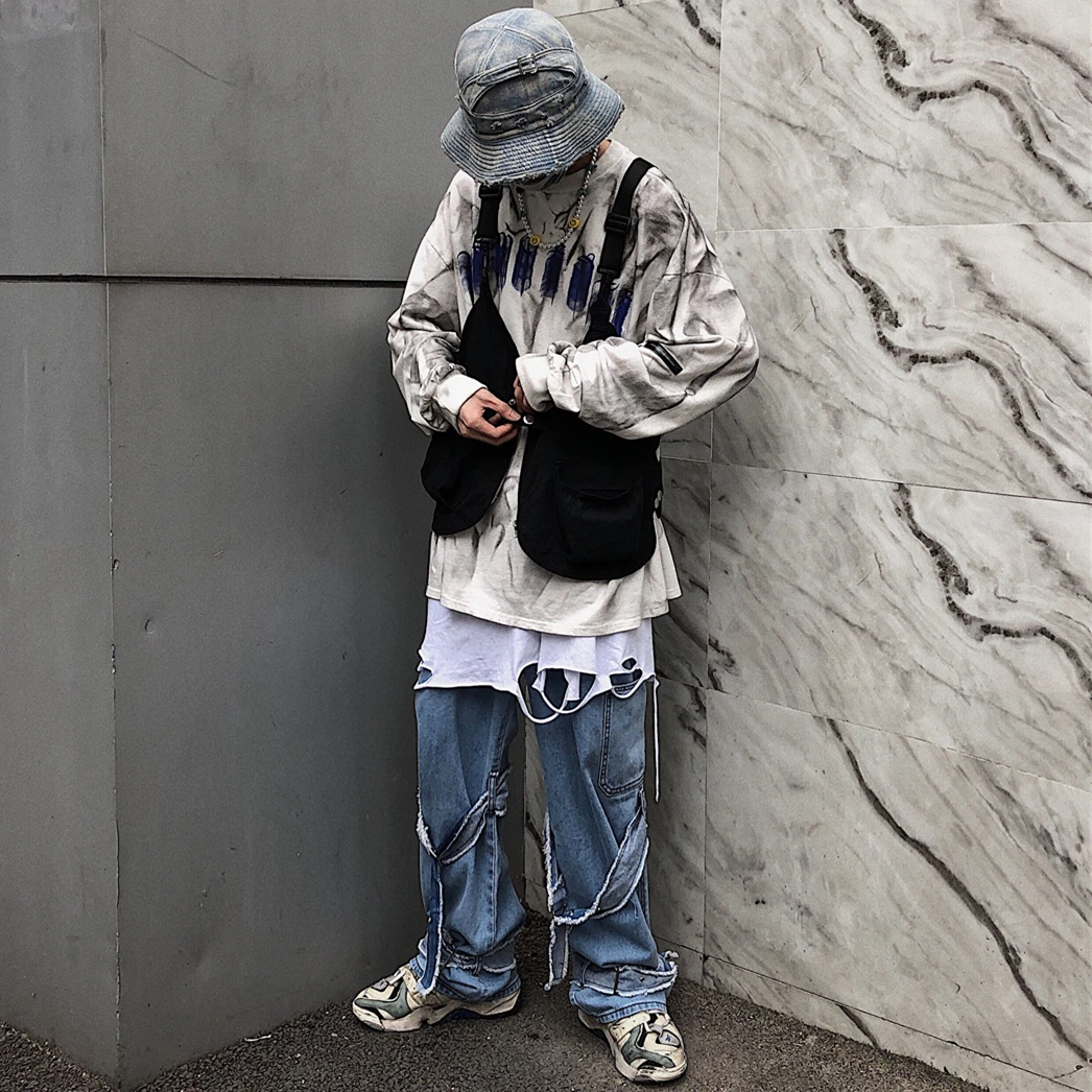 Новая нагрудная сумка мужская функциональная жилетка корейский Harajuku уличный стиль Большая вместительная сумка через плечо для женщин Черная Хлопковая сумка-мессенджер