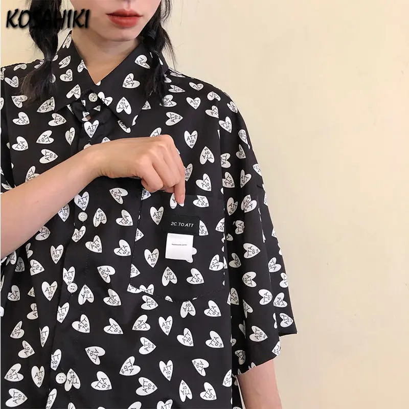 

KOSAHIKI Harajuku Heart Print Short Sleeve Shirt Women's Summer Blouse Ulzzang Loose Black Blusas Female Harajuku Top Streetwear