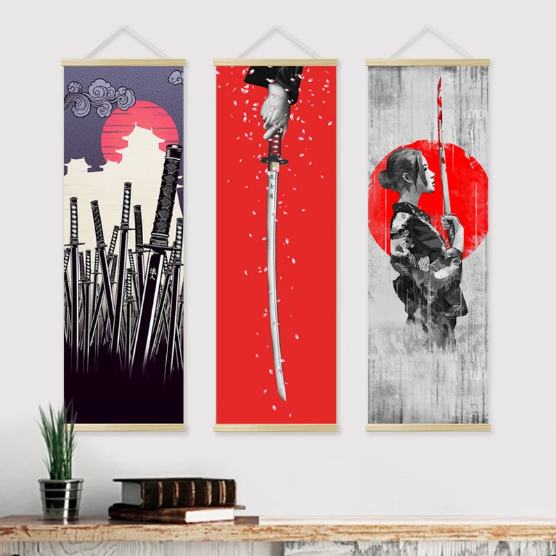 

Japanese Ukiyoe Samurai Simple Hanging Scroll Canvas Poster Home Decorative Painting Art Solid Wood Hanging Scroll