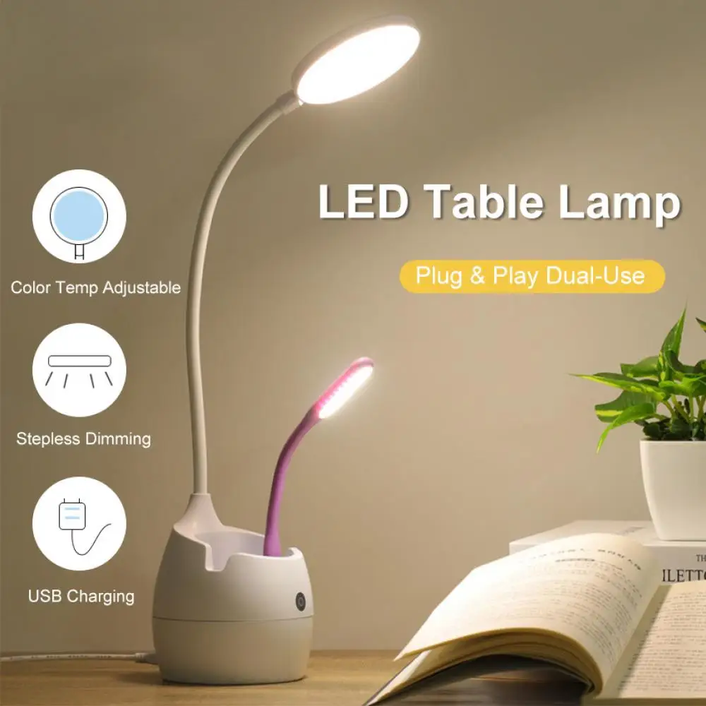 

LED Table Lamp USB Rechargeable Flexible Desk Lamp With Pen Holder Dormitory Eye Protection Bedside Reading Lamp for Children