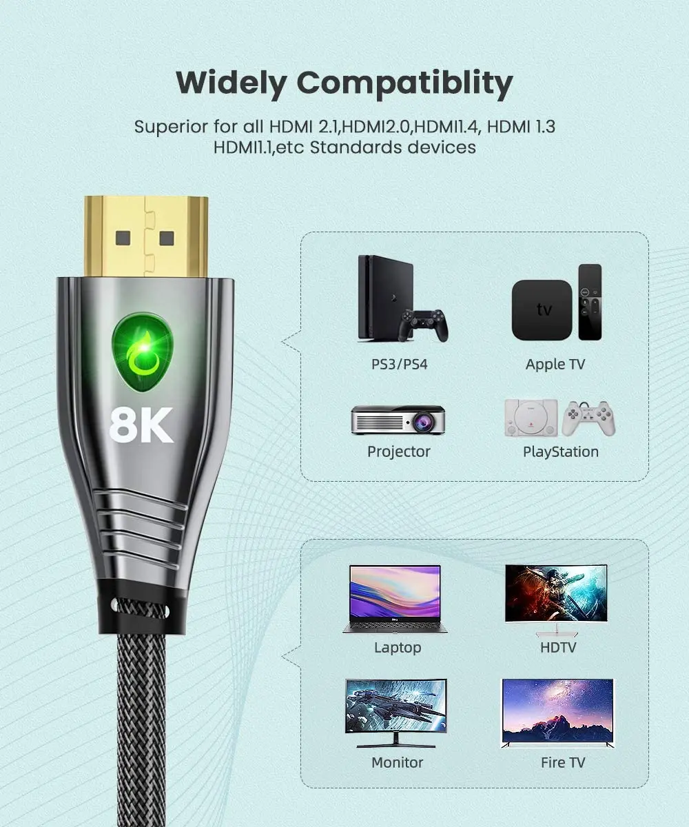 8K HDMI-совместимый кабель 2 1 48 Гбит/с @ 60 Гц 4K 120 для Apple TV Roku PS5/PS4/PS3 Xbox One X/Series X Samsung QLED