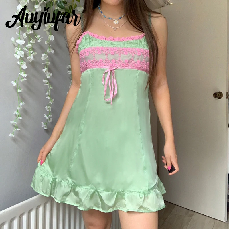 

Auyiufar Green Fairycore Satin Lace A Line Dress Y2k Cute Tie Front Patchwork Sweet Cottagecore Sling Mini Dresses Girl Outfits