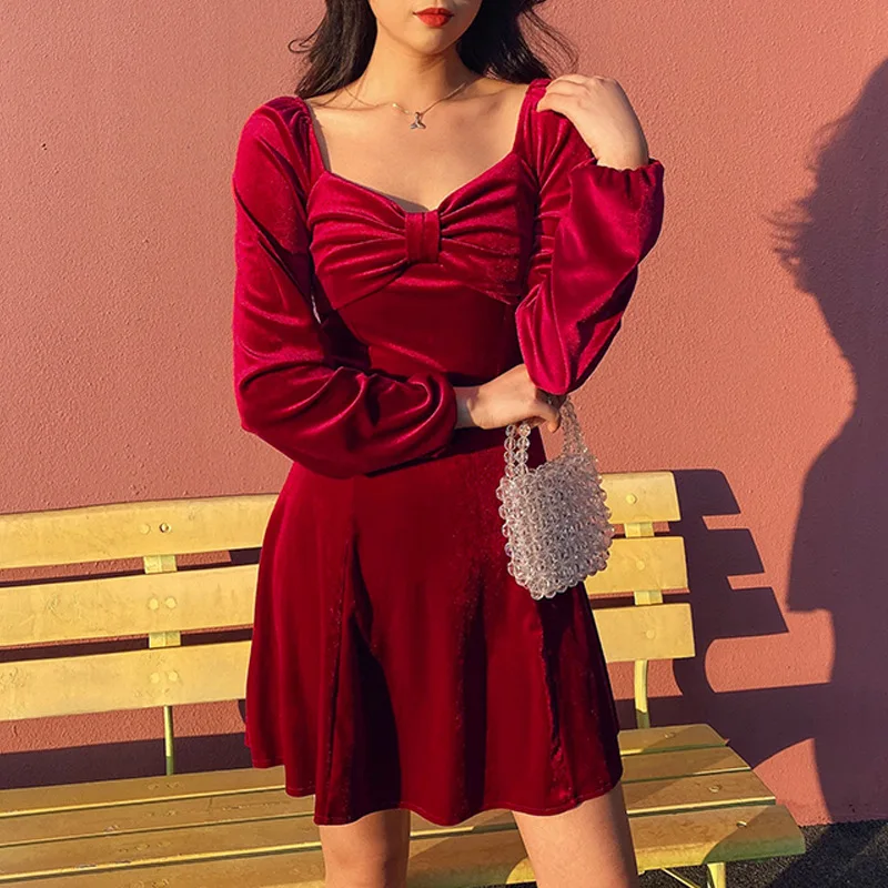Новое корейское дамское приталенное бархатное платье трапециевидной формы с