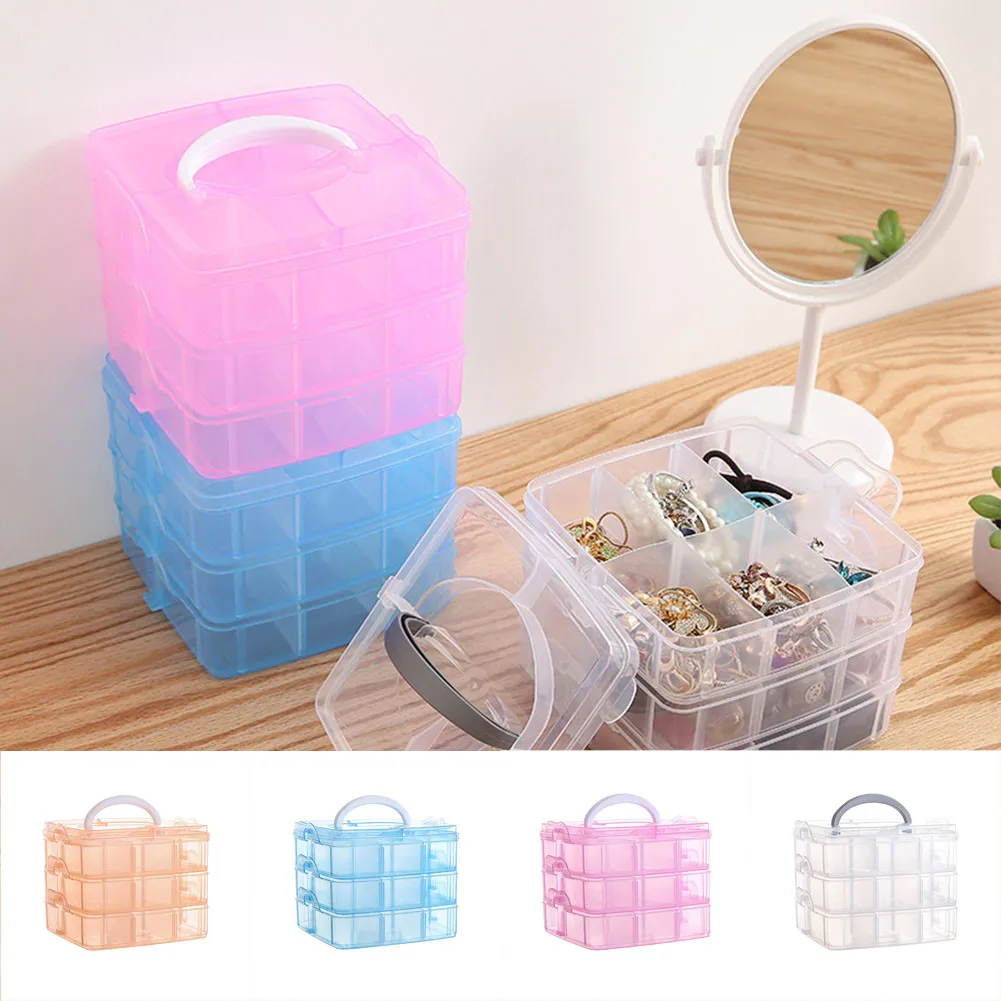 

Layered Plastic Storage Box 3 Layer 18 Compartment Box Jewelry Bead Organizer Case Detachable Necklace Earrings Sewing Container