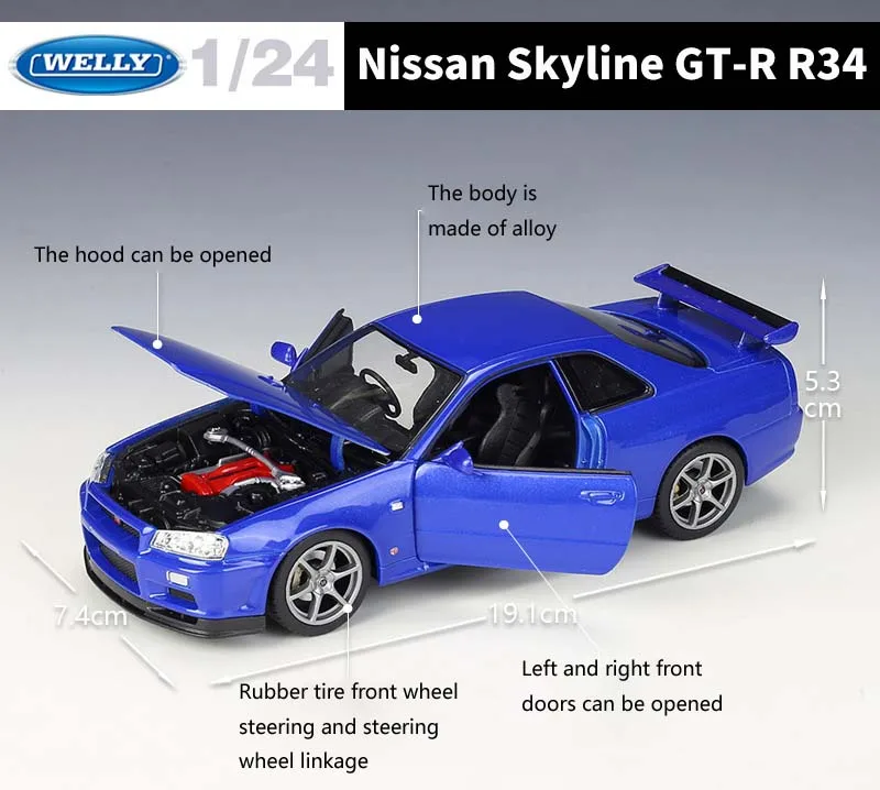WELLY 1:24 Nissan Skyline GT-R R34 классический литой автомобиль высокий симулятор