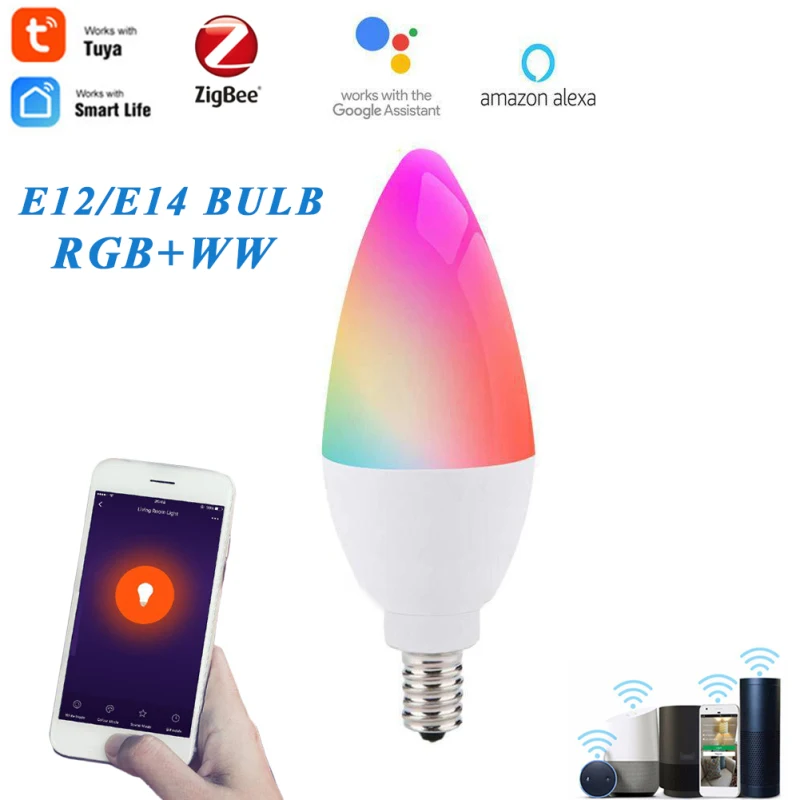 

E12/E14 Tuya Zigbee 3.0 Smart Candle Bulb RGBCW 5W LED Dimmable Bulb Voice Control Works with Alexa Google Home Smart Life APP
