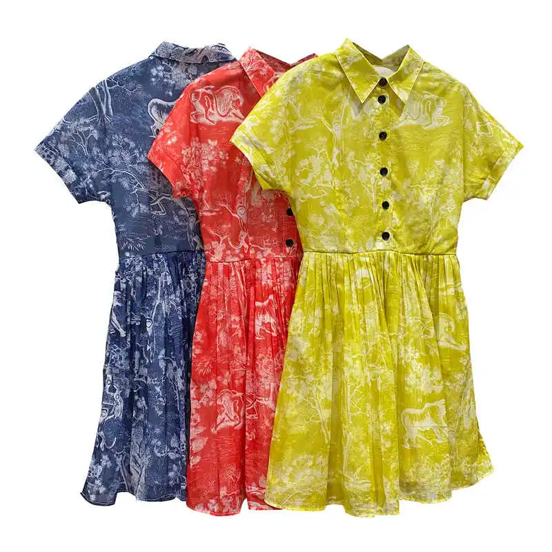 

Women's Designer New High quality 100%Cotton Print High-rise Shirts Dress B768