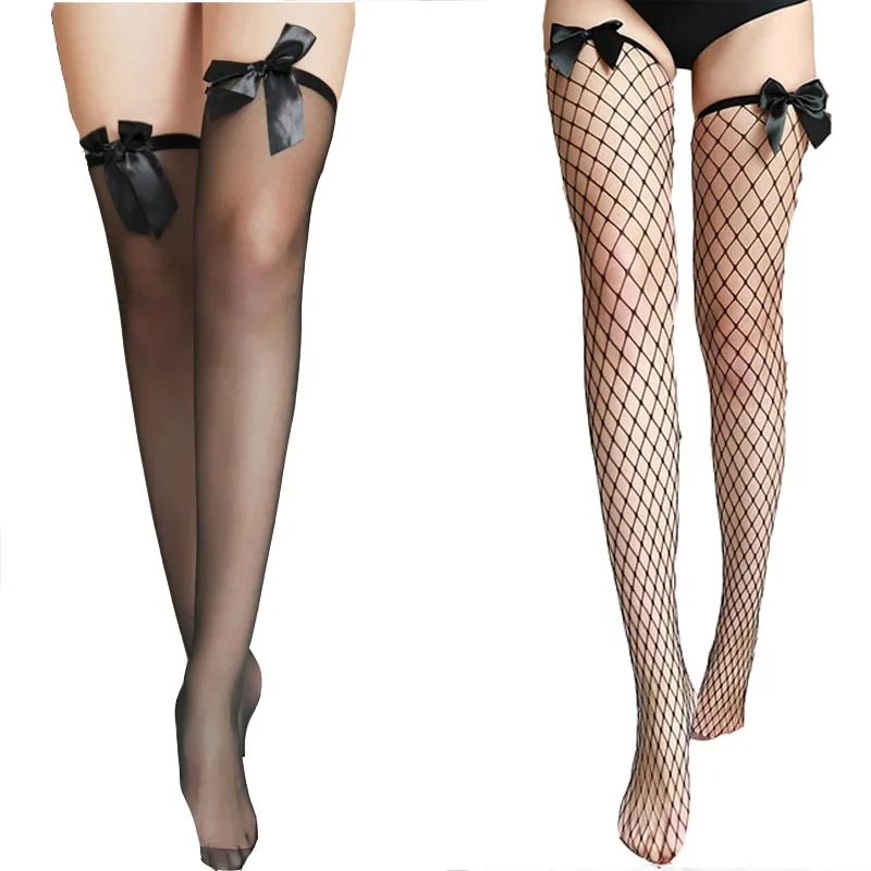 

Пикантное женское нижнее белье, прозрачные ажурные высокие чулки до бедра с атласным бантом, длинные колготки до бедра, колготки, нейлоновы...