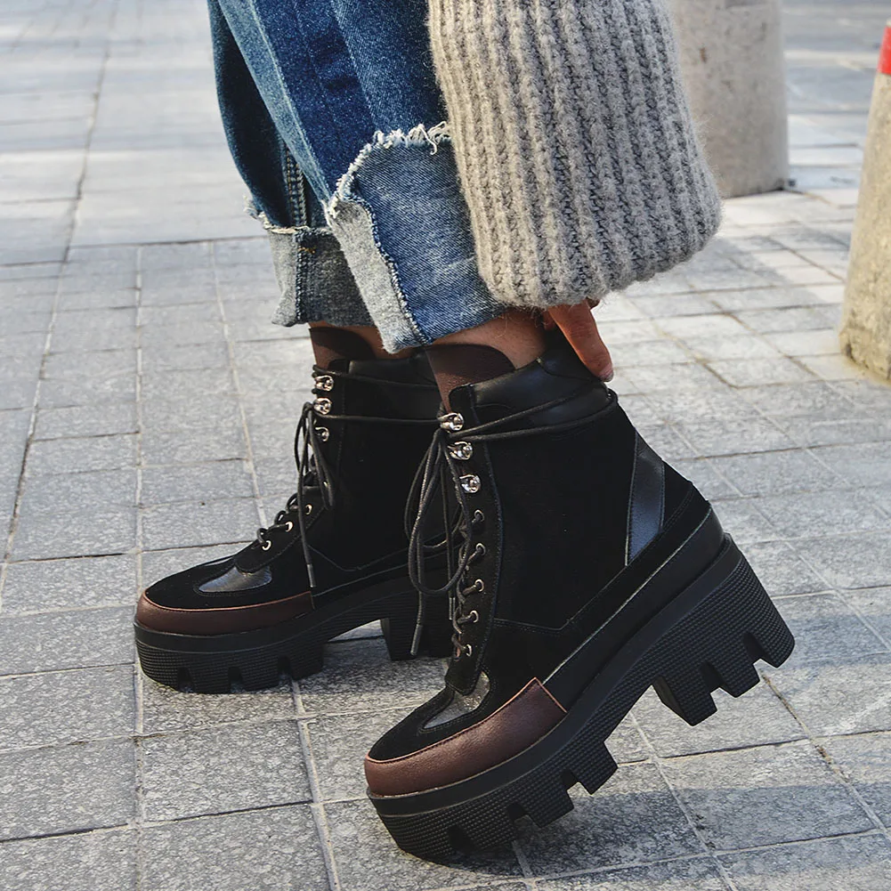 

Brand NEW Quality Fashion shoelaces Platform Cool Genuine leather COW Suede patchwork cow leather Ankle Boots Shoes Women