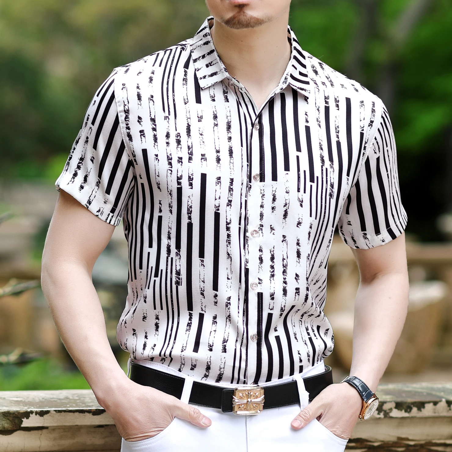 

Striped Shirt Men Summer Short Sleeve Work Shirts Night Club Tuxedo 3XL High Quality Fashion Stage Show Dress Retro Shirt Men