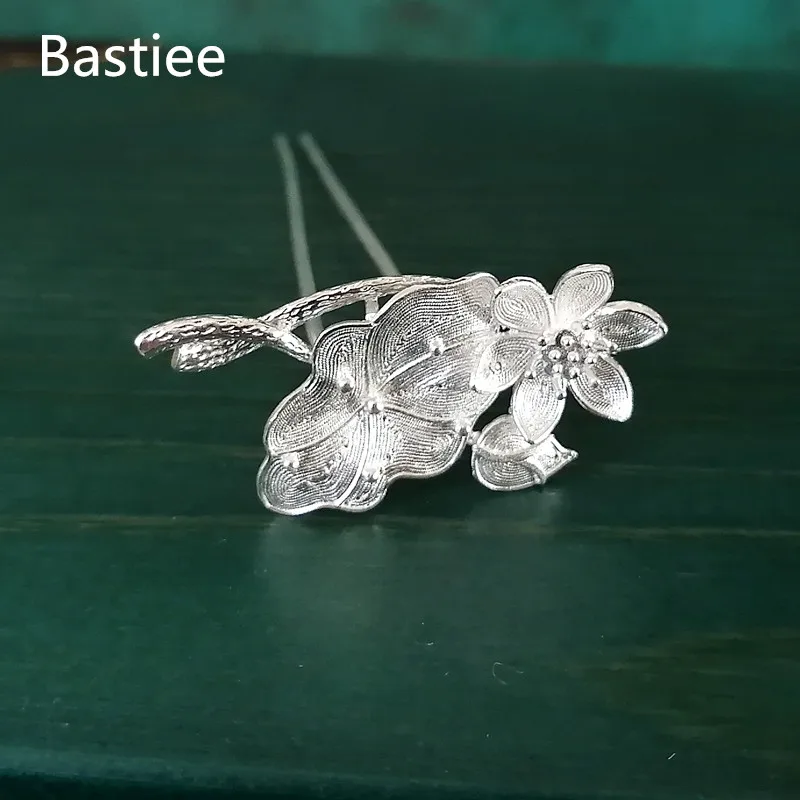 Bastiee 999 Sterling Silver Hair Accessories For Women Lotus Flower Chinese Hanfu Hair Stick Pins Comb Hmong Handmade Jewelry